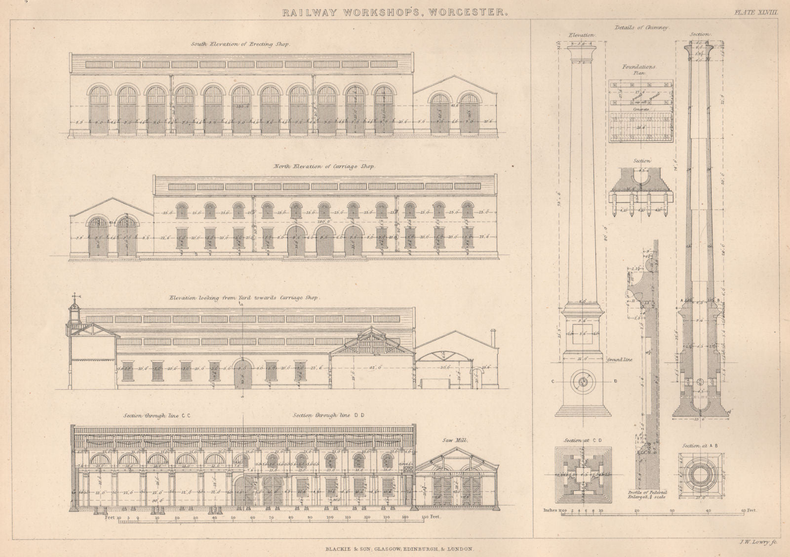 RAILWAY WORKSHOPS, WORCESTER.  Elevation, sections & chimney details 1876